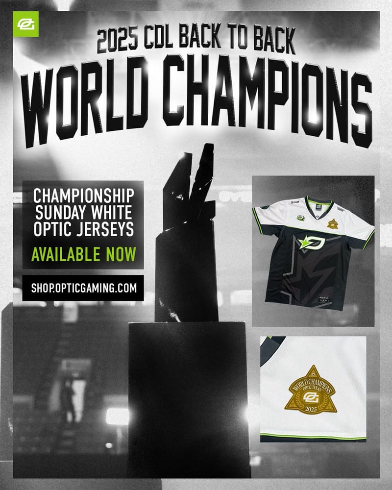 OpTic Texas 2025 Back To Back CDL championship jersey promo showing the white title-winning design