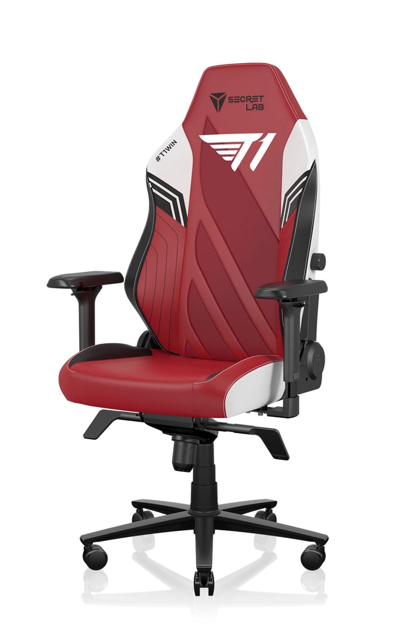 Secretlab x T1 Edition TITAN Evo gaming chair in the official red, white, and black colorway